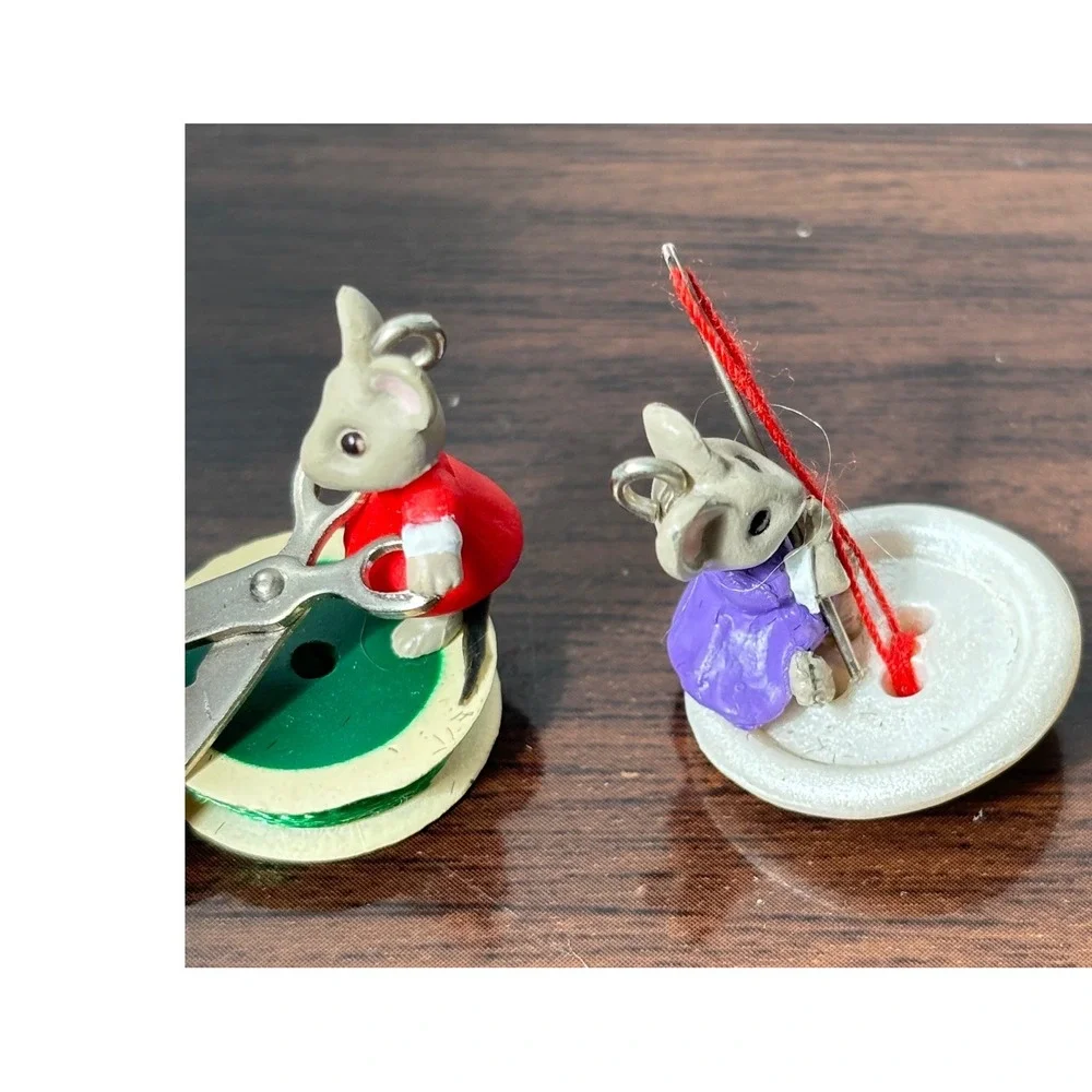 Vintage 1992 Hallmark Miniature Mouse Ornaments‎ Sewing Spool Button Set of 2